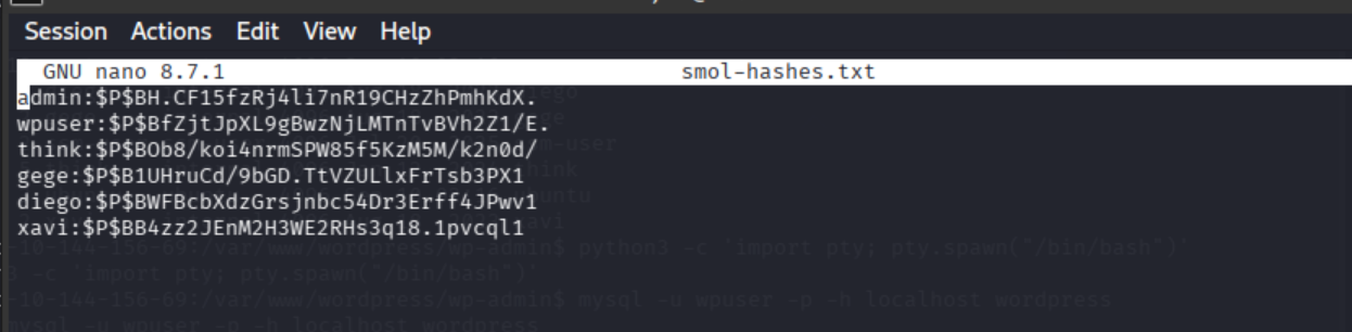 WordPress usernames and hashes prepared in a local file for John the Ripper